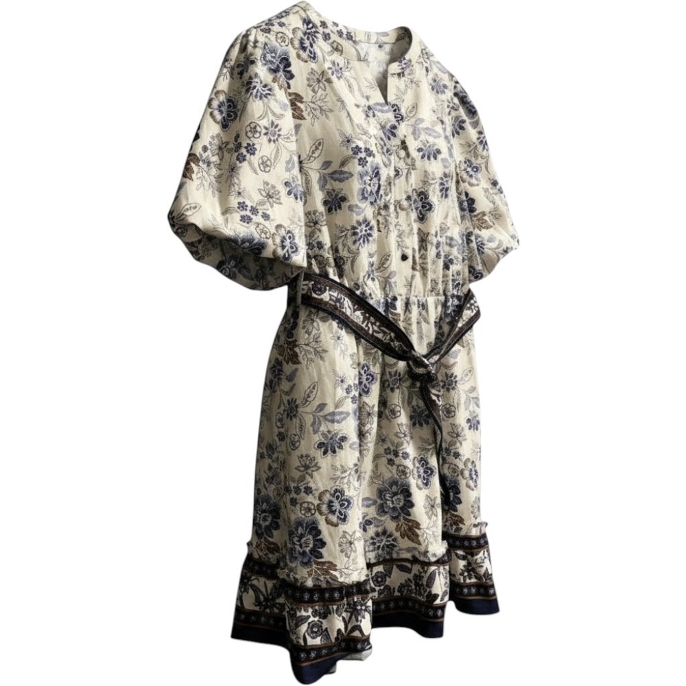 Joie Dress Blue Floral A Lined Tiered Mini Size 16 Contrast Belt Puff Sleeve